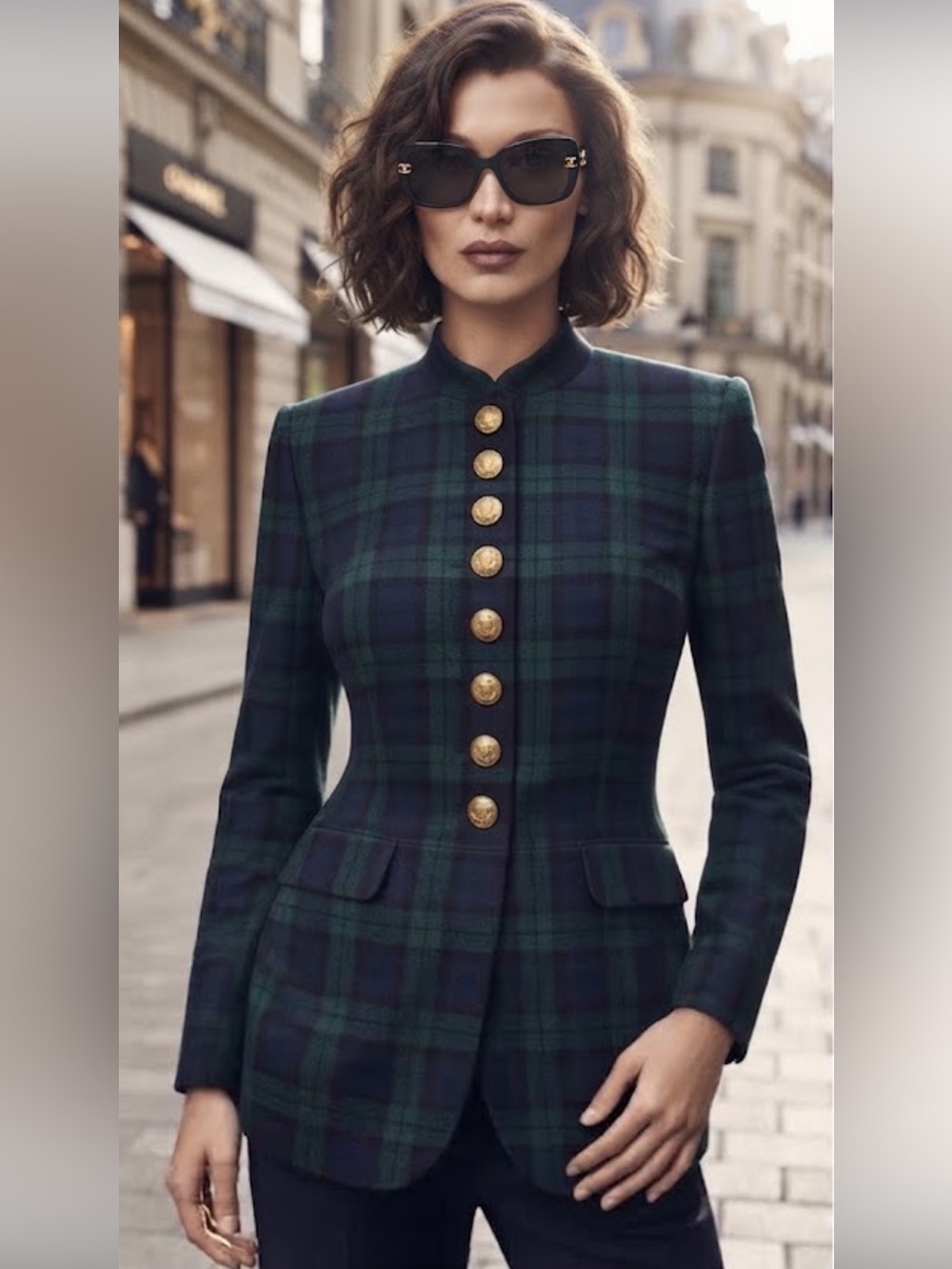 Vintage Talbots 100% Wool Green Blue Plaid Blazer Gold Crest Buttons
